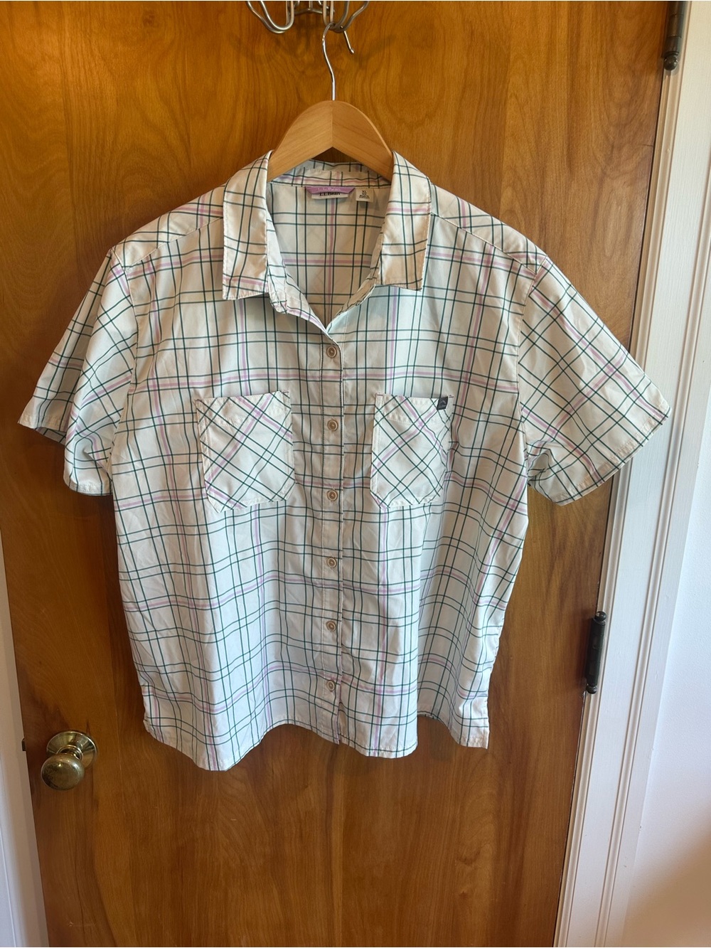 L.L. Bean Cream Button-Up Shirt with Green & Pink Plaid